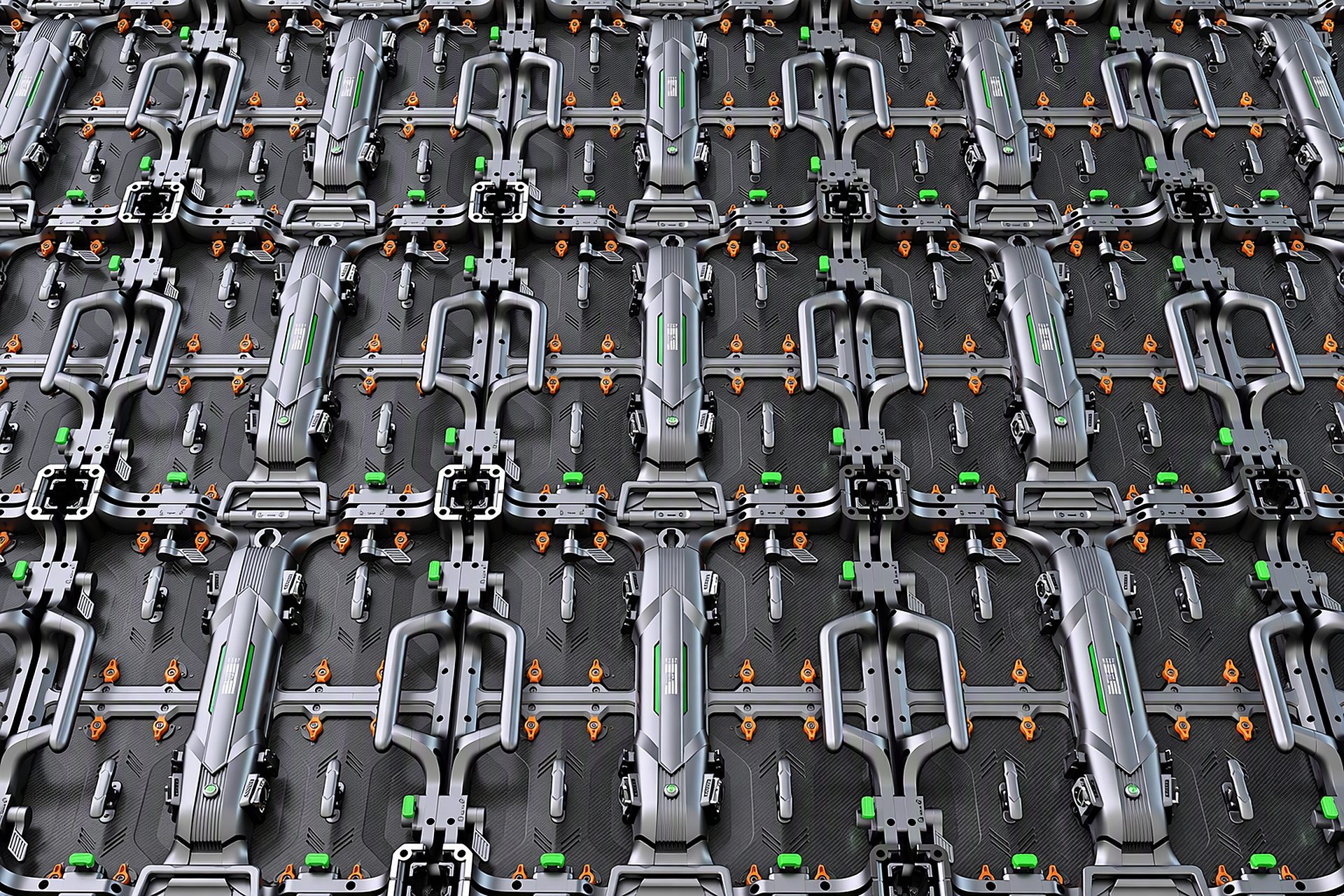 Backs of rental LED cabinets: die-cast aluminium frames, carry handles, quick-lock levers, power and data connectors