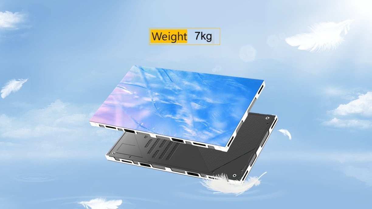 Lightweight LED panel floating on a feather background, labelled 7 kg
