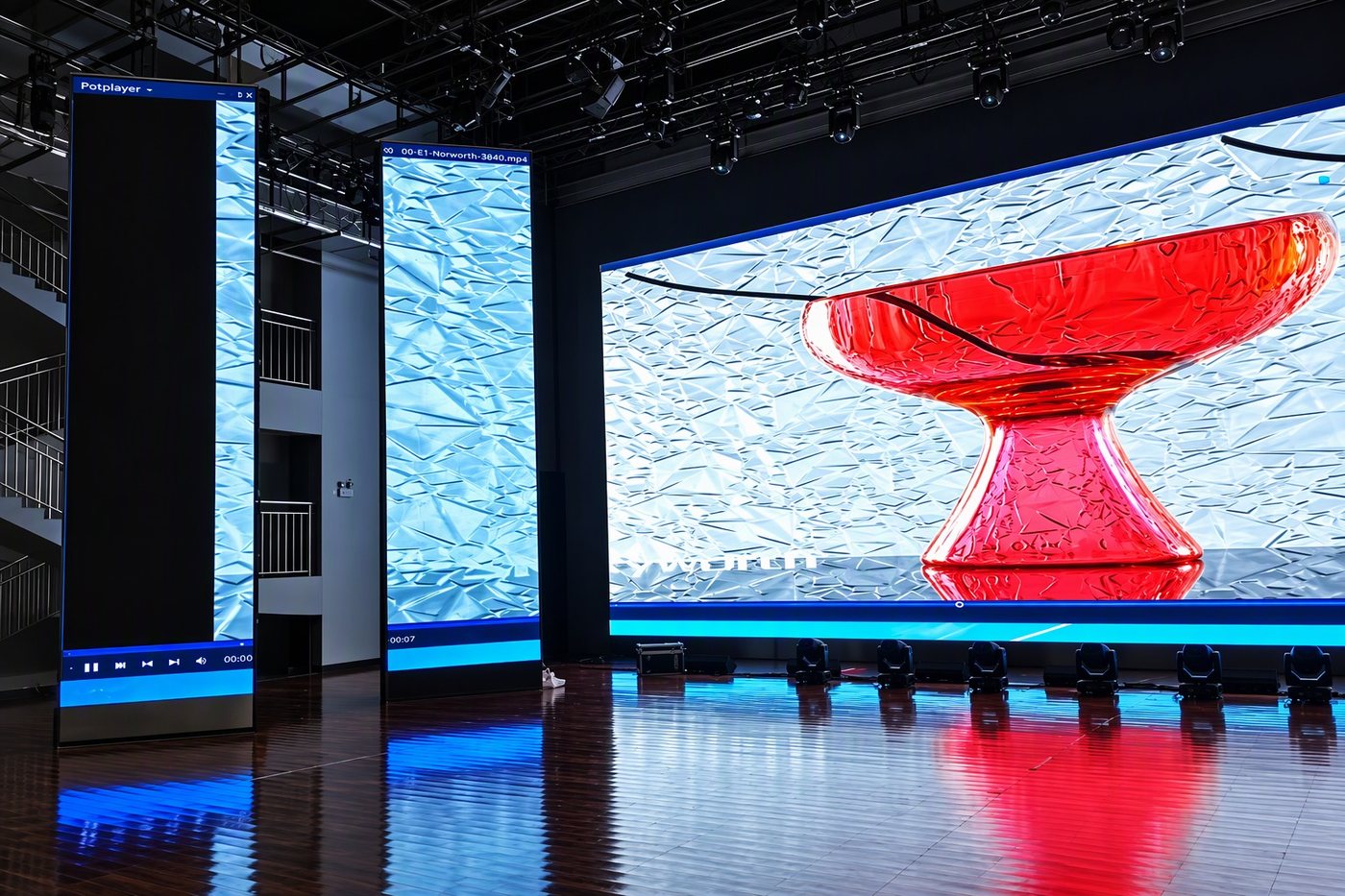 Tall LED displays flanking a wide stage backdrop, mirrored on a polished hall floor